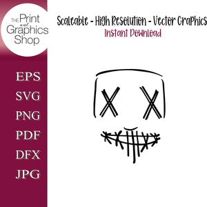 Può includere: Grafica vettoriale in bianco e nero di un volto stilizzato con un design a forma di X per gli occhi e bocca cucita. Il testo "Scaleable - High Resolution - Vector Graphics Instant Download" è sopra il volto. Il logo The Print and Graphics Shop è in alto a sinistra.