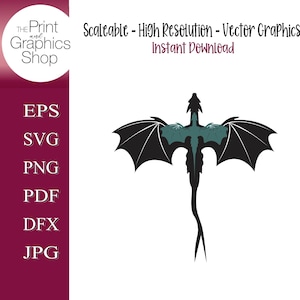 May include: A black dragon vector graphic with teal accents, wings spread wide, and a long tail. The image includes the text "Scaleable - High Resolution - Vector Graphics Instant Download" and file type options.