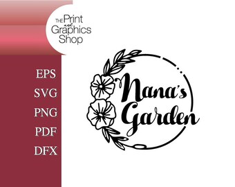 May include: Black and white graphic design of a wreath with flowers and the text "Nana's Garden".