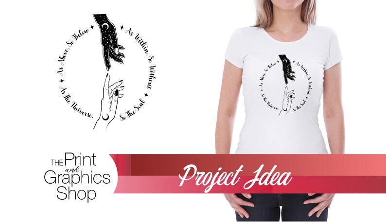 May include: White t-shirt featuring a black and white graphic of two hands reaching towards each other, surrounded by text. The text reads "As Above, So Below, As Within, So Without, As the Universe, So the Soul." The shirt is part of a "Project Idea."