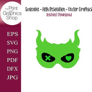 May include: A green mask with horns and black eye shapes, one with an X and the other with a heart. The image includes the text "Scaleable - High Resolution - Vector Graphics Instant Download" and the logo for "The Print and Graphics Shop".