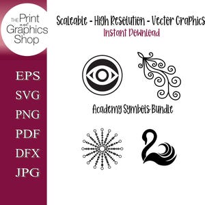 May include: Black and white vector graphics bundle featuring academy symbols. Includes an eye within a circle, a decorative swirl, a snowflake design, and a swan. Text includes "Scaleable - High Resolution - Vector Graphics" and "Instant Download".