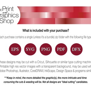 Puede incluir: Imagen de The Print and Graphics Shop que muestra los tipos de archivo EPS, SVG, PNG, PDF y DFX. El texto explica que los dise&ntilde;os son para m&aacute;quinas de corte como Cricut y Silhouette, y compatibles con software como Photoshop.