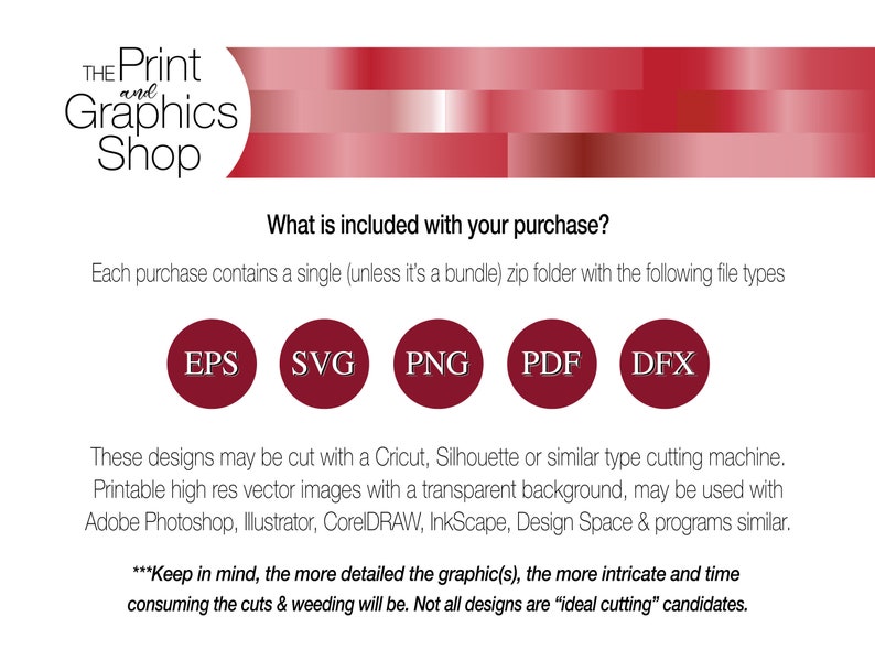 Puede incluir: Imagen de The Print and Graphics Shop que muestra los tipos de archivo EPS, SVG, PNG, PDF y DFX. El texto explica que los dise&ntilde;os son para m&aacute;quinas de corte como Cricut y Silhouette, y compatibles con software como Photoshop.