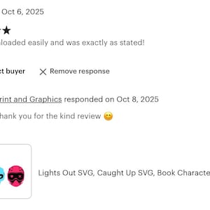 May include: Screenshot of an Etsy shop review. The review is from Jessica on Oct 6, 2025, with a five-star rating. The shop owner, Print and Graphics, responded on Oct 8, 2025. The image also shows SVG and PNG graphics of skulls.