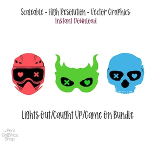 May include: A digital graphic bundle featuring three designs: a red helmet with a heart and cross, a green mask with a cross and heart, and a blue skull with a cross and heart. The text "Lights Out/Caught Up/Game On Bundle" is below the graphics.