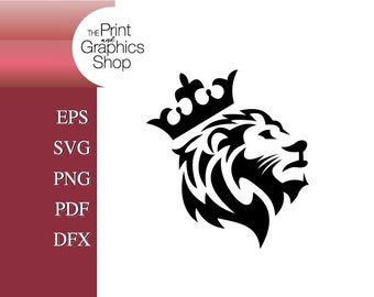 May include: Black and white vector illustration of a lion's head wearing a crown. The lion's mane is stylized and the crown has five points.