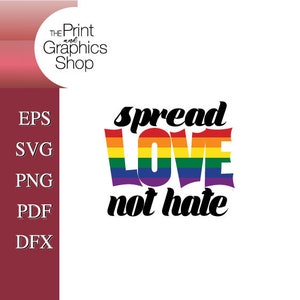 Peut inclure: Un design graphique numérique présentant le texte noir spread en haut et not hate en bas. Le mot LOVE est centré en grandes lettres majuscules grasses avec des rayures horizontales aux couleurs rouge, orange, jaune, vert, bleu et violet.
