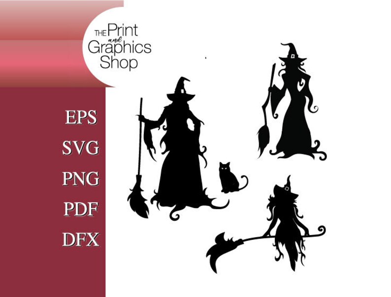 Puede incluir: Ilustraciones de siluetas negras de brujas, un gato y una escoba. La imagen incluye el texto "The Print and Graphics Shop" y opciones de tipo de archivo: EPS, SVG, PNG, PDF y DFX. Las brujas est&aacute;n en varias poses.