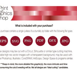 May include: White background with text and red accents. The Print and Graphics Shop logo is at the top left. The text includes file types: EPS, SVG, PNG, PDF, DFX, and JPG. The text also mentions cutting machines like Cricut and Silhouette.