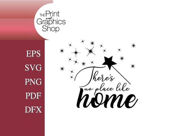 May include: Black and white graphic design with a whimsical font that reads "There's no place like home". The design features a star with a wand and a scattering of stars.