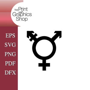 May include: Black and white transgender symbol, a circle with an arrow pointing to the right and a cross with an arrow pointing upwards.