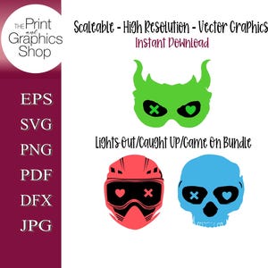 May include: A digital graphic bundle featuring a green mask, a red helmet, and a blue skull, each with heart and cross eye designs. The text "Lights Out/Caught Up/Game On Bundle" is included. The Print and Graphics Shop logo is in the upper left.