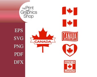 Könnte beinhalten: Ein Satz roter kanadischer Flaggen-Designs, darunter ein Ahornblatt mit dem Wort "CANADA" in einem Banner, eine herzförmige Flagge, ein Rechteck mit dem Wort "CANADA" und ein Quadrat mit den Worten "MADE IN CANADA".
