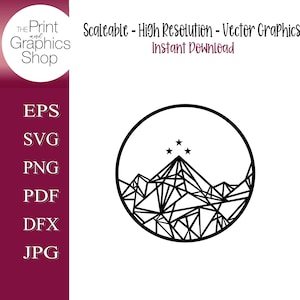 May include: Black and white vector graphic of a mountain range inside a circle, with three stars above the peak. The image includes the text "Scaleable - High Resolution - Vector Graphics - Instant Download". The Print and Graphics Shop logo is in the upper left corner.