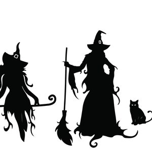 Puede incluir: Ilustraciones de siluetas negras de brujas y un gato negro. Una bruja est&aacute; sentada en una escoba, otra est&aacute; de pie con una escoba y la tercera est&aacute; de pie con una escoba. Todas llevan sombreros puntiagudos y vestidos largos, perfectos para Halloween.