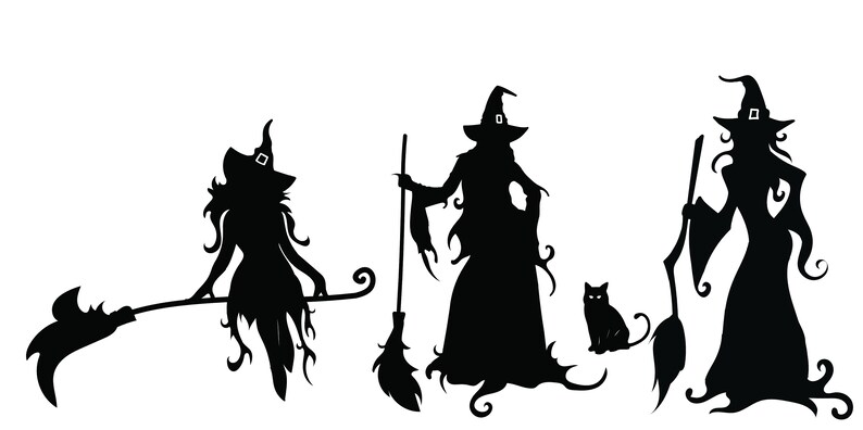 Puede incluir: Ilustraciones de siluetas negras de brujas y un gato negro. Una bruja est&aacute; sentada en una escoba, otra est&aacute; de pie con una escoba y la tercera est&aacute; de pie con una escoba. Todas llevan sombreros puntiagudos y vestidos largos, perfectos para Halloween.