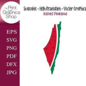 May include: A graphic design featuring a watermelon slice in the shape of a country. The design includes the text "Scaleable - High Resolution - Vector Graphics - Instant Download". The Print and Graphics Shop logo is in the upper left corner.