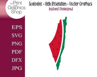 May include: A graphic design featuring a watermelon slice in the shape of a country. The design includes the text "Scaleable - High Resolution - Vector Graphics - Instant Download". The Print and Graphics Shop logo is in the upper left corner.