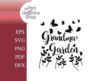 May include: Black and white silhouette design of butterflies and flowers with the text "Grandma's Garden".