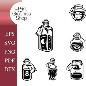 May include: Black and white illustrations of potion bottles with various designs, including a four-leaf clover, an eye, a moon and stars, a skull and crossbones, a crystal, and a storm. The Print and Graphics Shop text is visible.