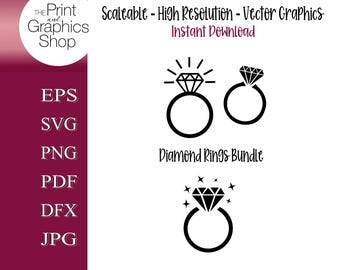 Pode incluir: Gráfico preto e branco de três anéis de diamante. Os anéis têm uma banda redonda com uma gema em forma de diamante. O texto inclui "Diamond Rings Bundle", "Scaleable - High Resolution - Vector Graphics" e "Instant Download".
