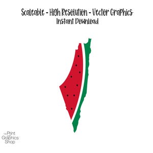May include: A vector graphic of a watermelon slice in the shape of a country, with a red interior and black seeds. The rind is green. Text at the top reads "Scalable - High Resolution - Vector Graphics - Instant Download".