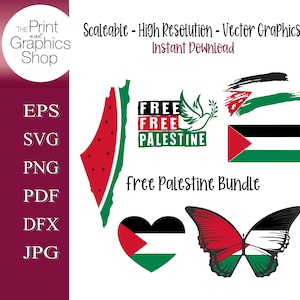 May include: A digital graphic bundle featuring Palestinian symbols. Includes a watermelon map, flags, a heart, and a butterfly, all in red, black, white, and green. Text includes "Free Palestine" and file type options.