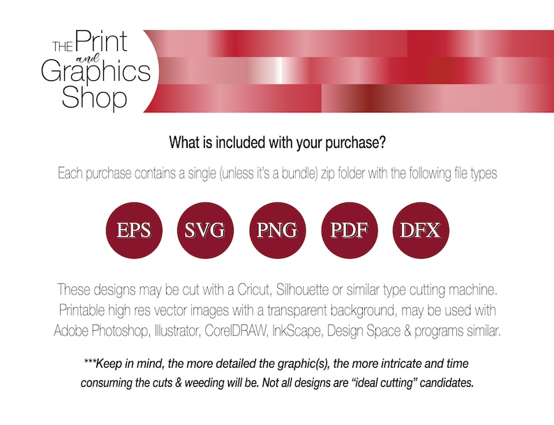May include: A digital file information graphic featuring the text The Print and Graphics Shop. It lists file types EPS, SVG, PNG, PDF, and DFX in maroon circles. The text explains compatibility with cutting machines and design software programs.