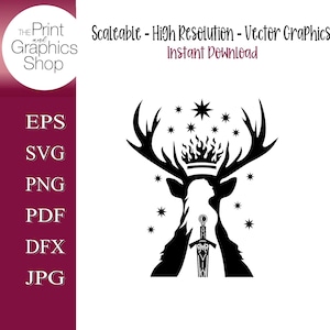 Könnte beinhalten: Schwarz-weiß Vektorgrafik mit einer Hirschsilhouette mit Geweih, Krone und Schwert. Der Text "Scaleable - High Resolution - Vector Graphics Instant Download" ist enthalten. Das Logo The Print and Graphics Shop befindet sich oben links.