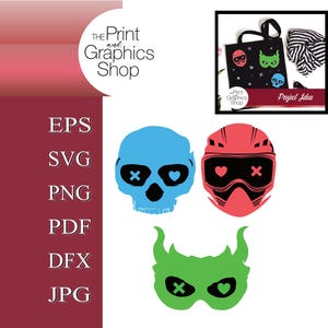 Puede incluir: Diseño gráfico con una calavera azul, un casco rojo y una máscara verde, todos con diseños de corazón y cruz. El logotipo "The Print and Graphics Shop" es visible.
