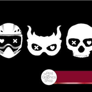 May include: White graphic designs on a black background. The designs include a helmet with goggles, a mask with horns, and a skull. The helmet and skull have heart and X eye designs. The mask has heart eyes. The Print and Graphics Shop logo is in the bottom left.