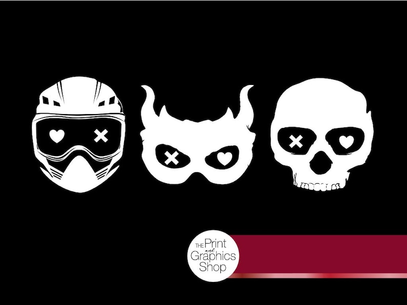 May include: White graphic designs on a black background. The designs include a helmet with goggles, a mask with horns, and a skull. The helmet and skull have heart and X eye designs. The mask has heart eyes. The Print and Graphics Shop logo is in the bottom left.