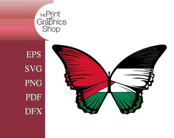 May include: A black, white, red, and green butterfly with wings shaped like the Palestinian flag.