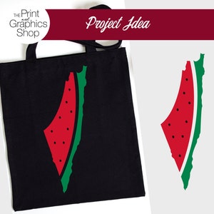 May include: Black tote bag with a watermelon slice design. The watermelon slice is red with black seeds and green rind, shaped like a country. The words "Project Idea" are in white on a burgundy banner.
