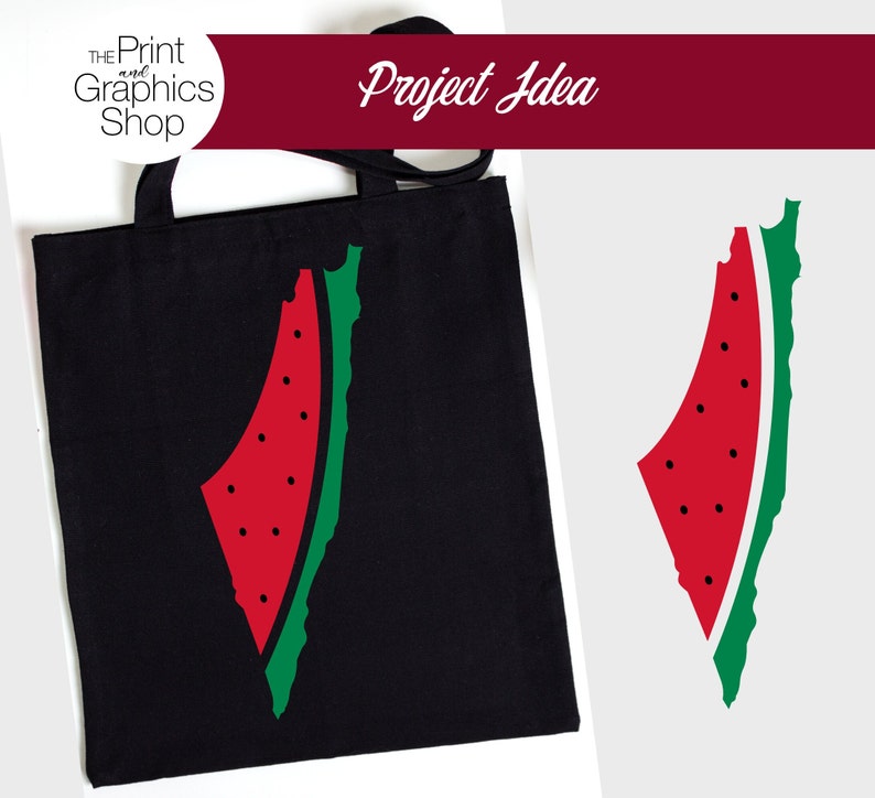 May include: Black tote bag with a watermelon slice design. The watermelon slice is red with black seeds and green rind, shaped like a country. The words "Project Idea" are in white on a burgundy banner.