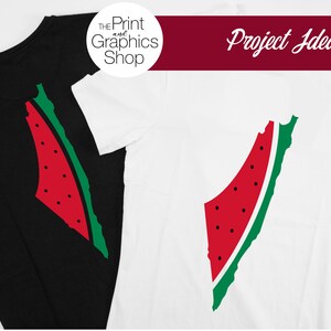 May include: Black and white t-shirts with a watermelon slice design. The watermelon slice is red with black seeds and a green rind. The text "Project Idea" is displayed on a burgundy banner. The Print and Graphics Shop logo is also visible.