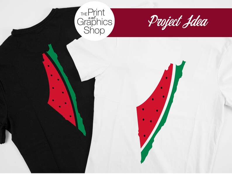 May include: Black and white t-shirts with a watermelon slice design. The watermelon slice is red with black seeds and a green rind. The text "Project Idea" is displayed on a burgundy banner. The Print and Graphics Shop logo is also visible.