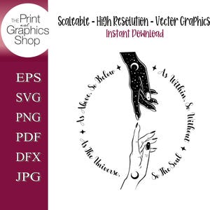 Puede incluir: Gráfico vectorial en blanco y negro con dos manos que se extienden una hacia la otra, una llena de estrellas y una luna creciente, la otra con una luna creciente. El texto dice: "As Above, So Below, As Within, So Without, As The Universe, So The Soul."
