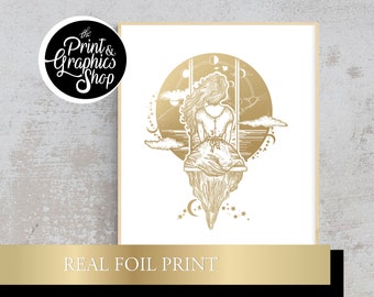 Print, Moon Print, Mystical, Gold Foiled Print, Art Print, Celestial Moon, Steampunk Foil Print, Wall Art, Home Decor, Illustration, Boho