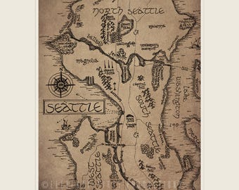 May include: A fantasy-style map of Seattle printed on aged, tan-colored paper. The map features black ink illustrations of geographical landmarks, a compass rose, and hand-lettered labels for neighborhoods like Ballard, Magnolia, and Capitol Hill.