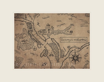 May include: A fantasy-style map of the District of Columbia printed on aged parchment paper. The map features hand-drawn ink illustrations of landmarks, a compass rose, and stylized calligraphy labeling locations like Downtown, NoMa, and Capitol Hill.