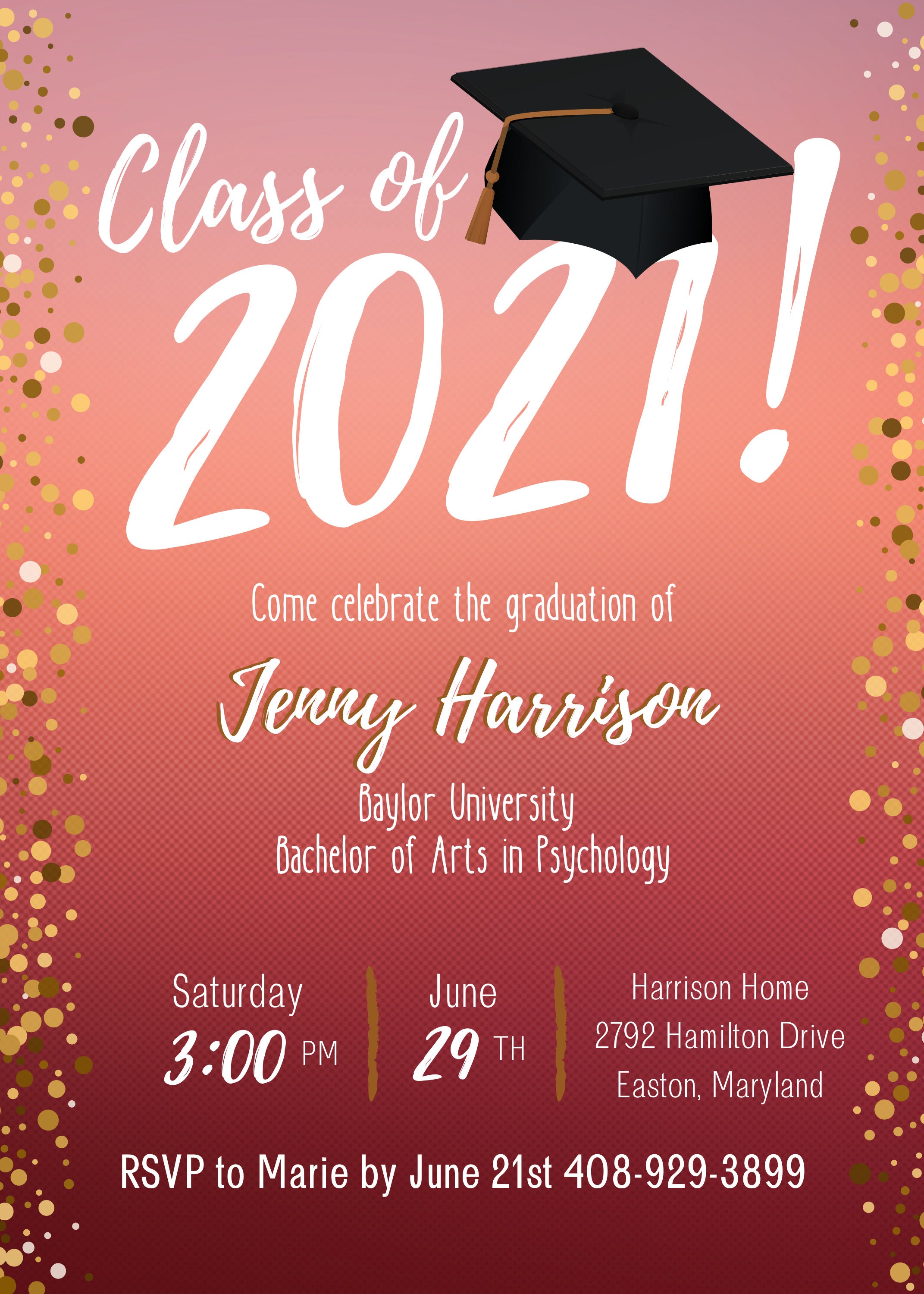 Custom Color Grad Invitation Class of 2021 Graduation Party | Etsy