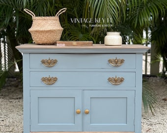 Refinished Vintage Blue Cabinet, Antique Wash Stand, Victorian Peacock Pulls