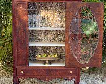 Antique Walnut China Cabinet, Jacobean Revival Hutch, Fretwork Glass Door