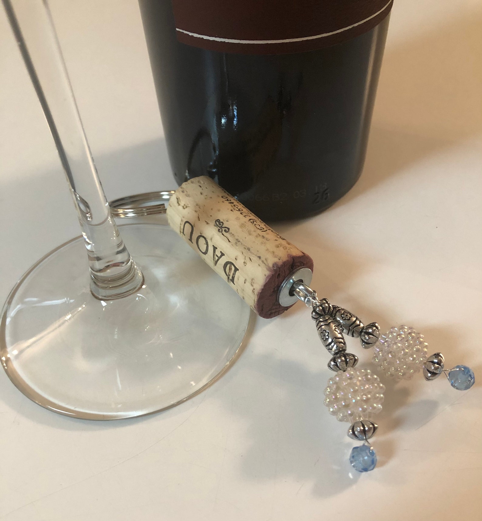 Wine Cork Key Ring with White and Blue Beads Etsy