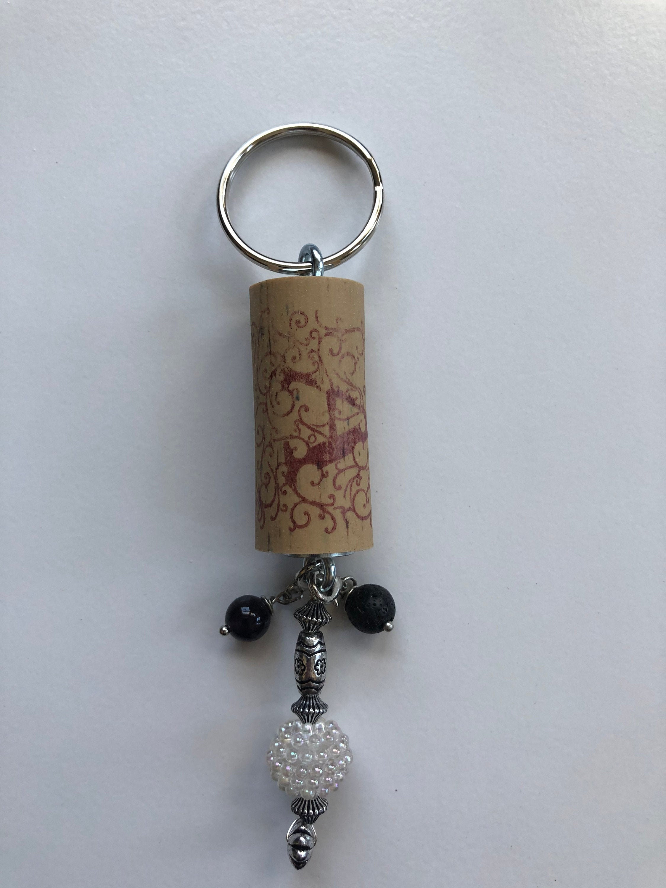 Wine Cork Key Ring with White and Black Beads Etsy