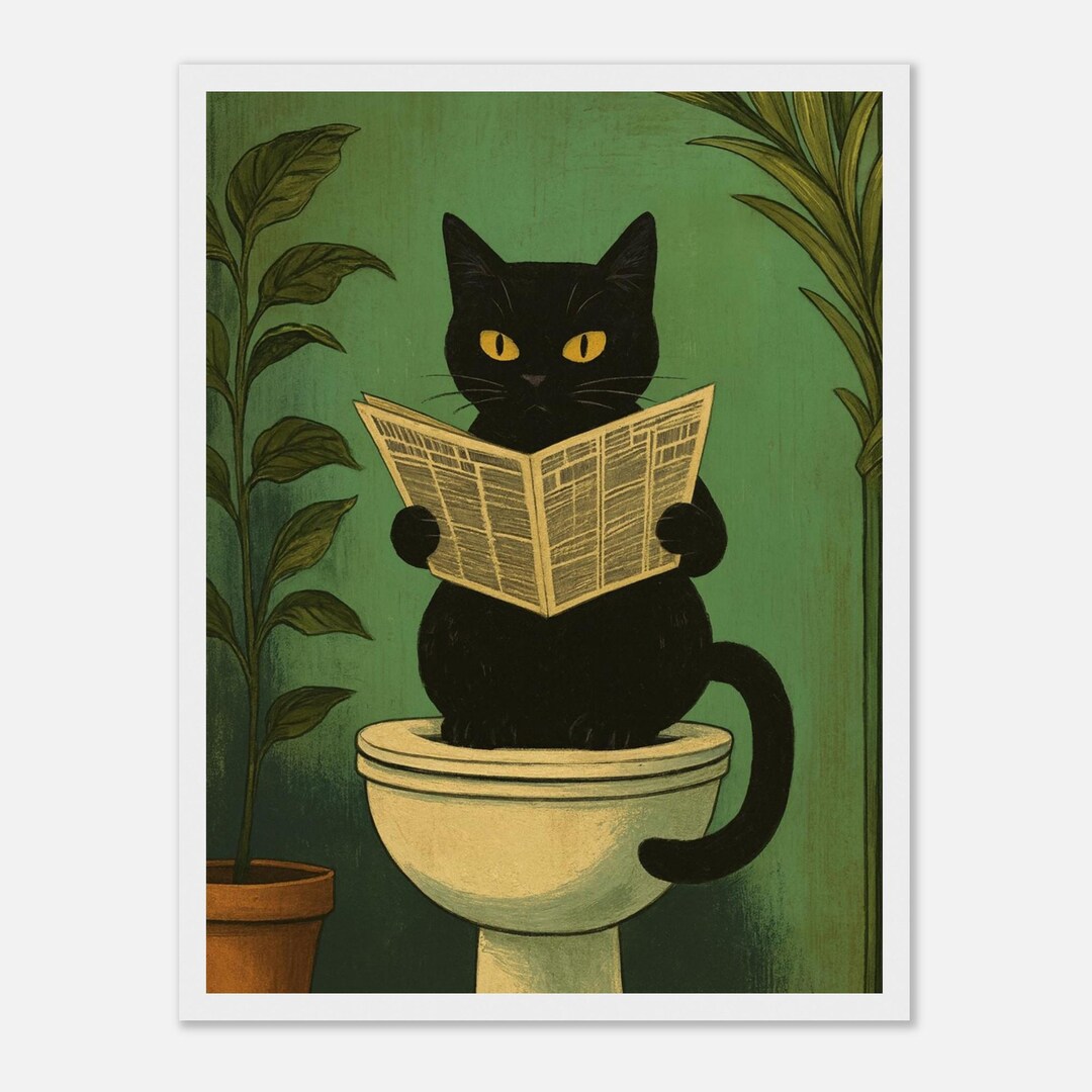 Funny Cat Bathroom Wall Art – Black Cat Reading Newspaper Print ...
