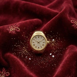 May include: A gold wristwatch with a round face, covered in small, sparkling stones. The watch has Roman numeral hour markers and is set against a deep red velvet fabric with gold glitter and small diamonds scattered around.