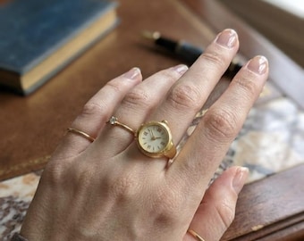 Gold Watch Ring, Roman Numeral Dial, Stackable Statement Jewelry, Dark Academia Style